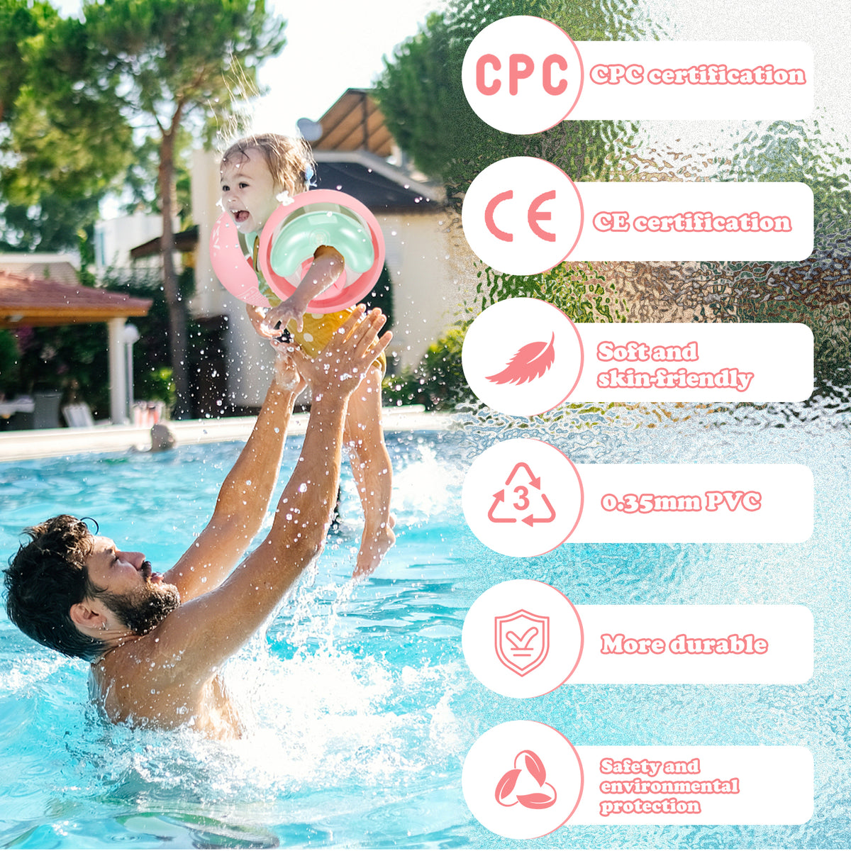 WYRIAZA Kinder Schwimmflügel (1-6 Jahre) - 3 unabhängige Airbags aufblasbare Poolschwimmer für Kleinkinder 5-20 kg, rutschfeste weiche Schwimmringe (Pink)