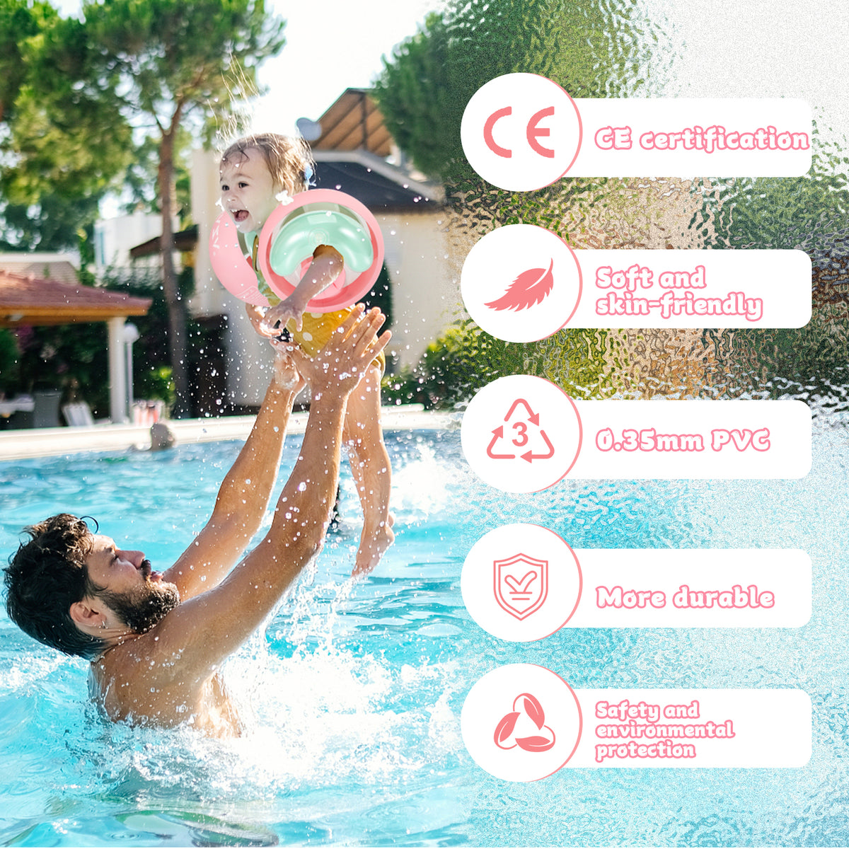 WYRIAZA Kinder Schwimmflügel (1-6 Jahre) - 3 unabhängige Airbags aufblasbare Poolschwimmer für Kleinkinder 5-20 kg, rutschfeste weiche Schwimmringe (Pink)